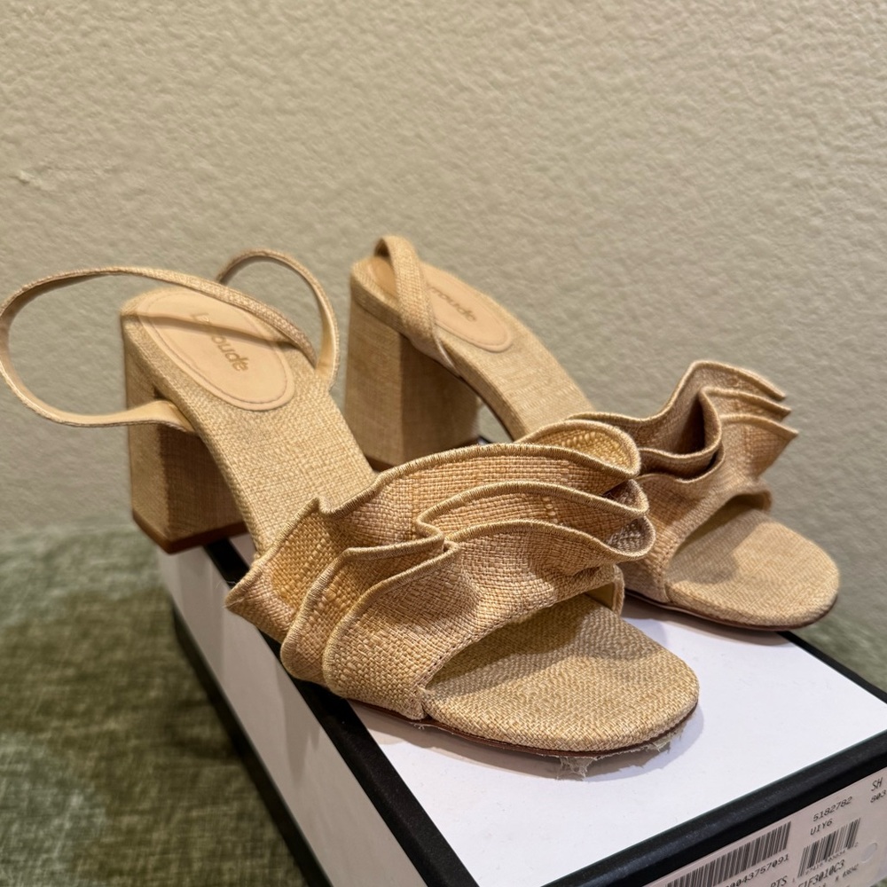 Larroude Selena Ruffle Heels in Raffia